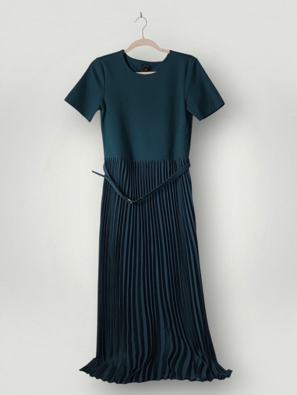 Ann Taylor Pleated Belted Maxi Dress 8 Teal Short Sleeve Dark Academia Workwear - Picture 2 of 9